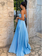 Vestido de fiesta azul sexy con tirantes finos, corte A, largo, sin espalda, Y8090