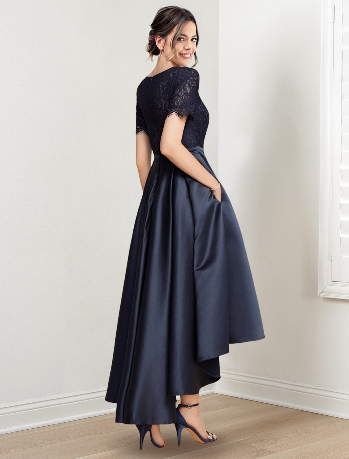 Vestidos asimétricos para madre de la novia con escote joya, corte princesa/corte A