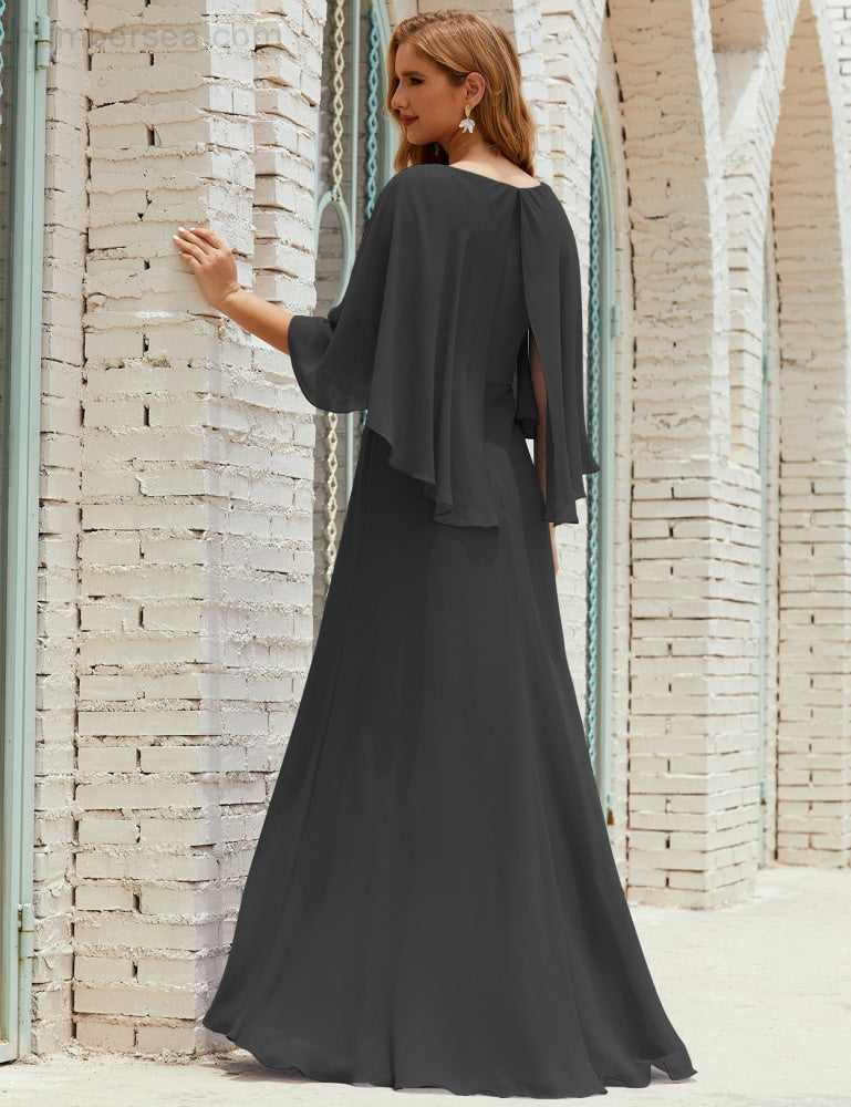Vestido de dama de honor Sunnderly para mujer, de gasa, manga larga y cuello en V, vestido formal para boda o fiesta SY28018 