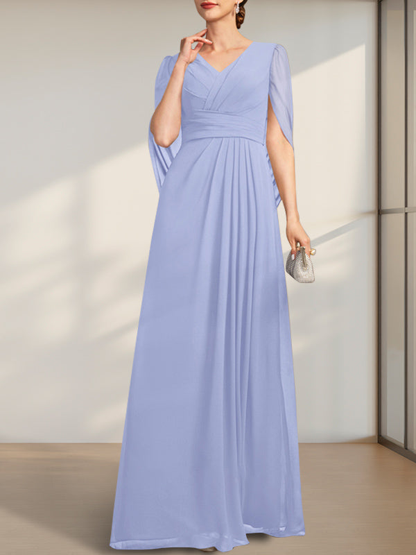 Vestido de gasa para madre de la novia con escote en V, largo hasta el suelo, con pliegues