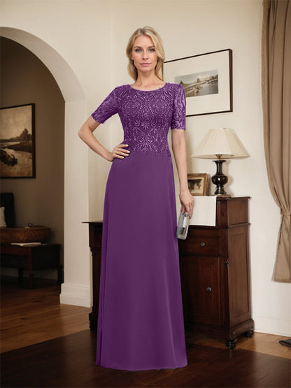 Vestido de gasa con encaje y lentejuelas para madre de la novia, corte A, largo hasta el suelo