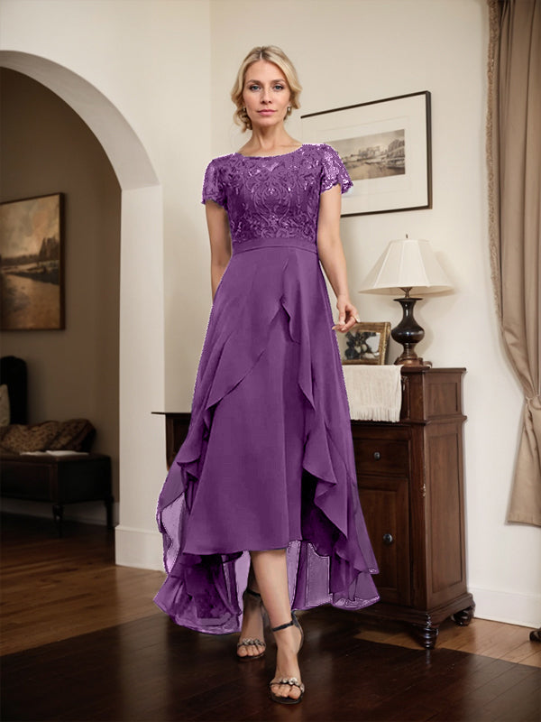 Vestido de madre de la novia de gasa asimétrica con escote en A, ilusión, encaje, lazo, volante y lentejuelas
