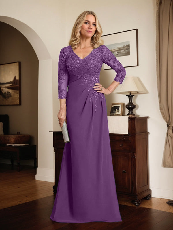 Vestido de madre de la novia de gasa con encaje, escote en V, ilusión, largo hasta el suelo, con lentejuelas plisadas