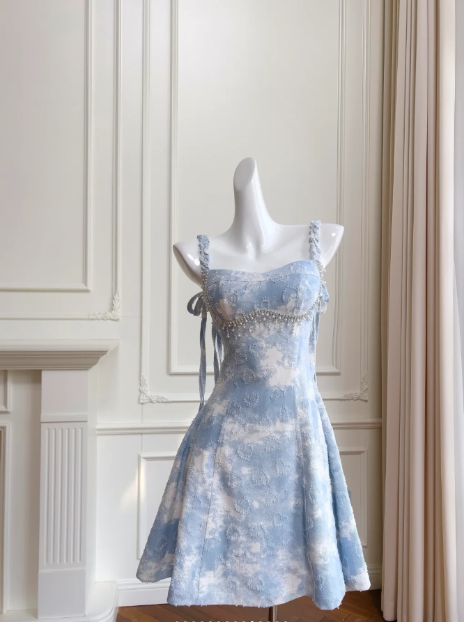 Glamouröses blaues Satin-Mini-Ballkleid mit Perlenbesatz in A-Linie, Heimkehrkleid Y8572