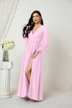 Vestidos de noche Sunnderly con escote en V profundo, gasa, para dama de honor, manga larga de obispo, abertura lateral, vestido formal SY2806 