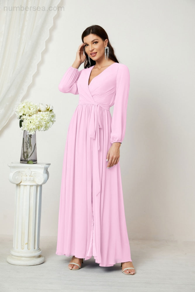Vestidos de noche Sunnderly con escote en V profundo, gasa, para dama de honor, manga larga de obispo, abertura lateral, vestido formal SY2806 