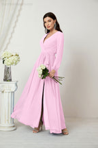 Vestidos de noche Sunnderly con escote en V profundo, gasa, para dama de honor, manga larga de obispo, abertura lateral, vestido formal SY2806 