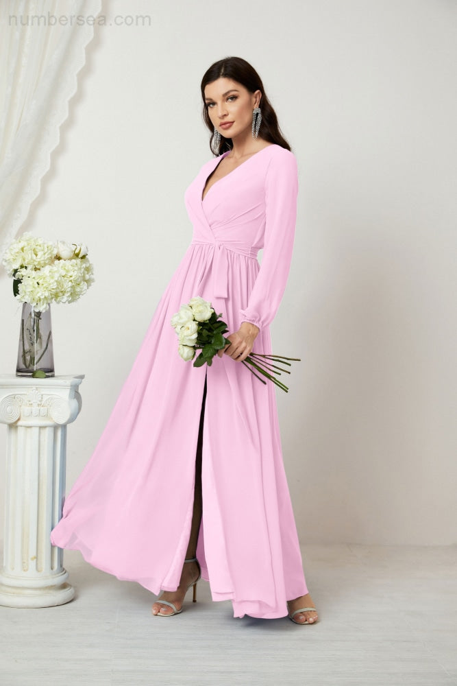 Vestidos de noche Sunnderly con escote en V profundo, gasa, para dama de honor, manga larga de obispo, abertura lateral, vestido formal SY2806 