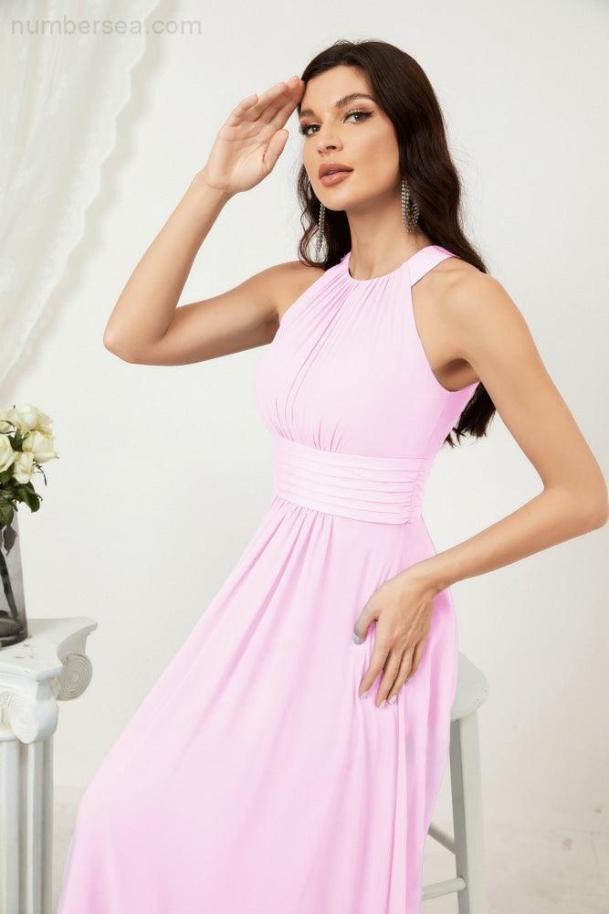 Vestido formal de fiesta Sunnderly de gasa con cuello halter, largo y sin mangas, para dama de honor SY2802 