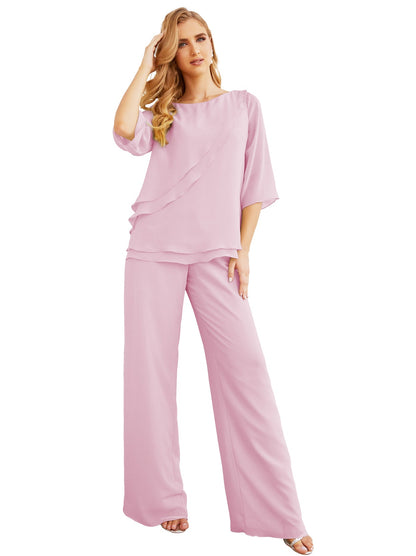 Sunnderly Elegant 2 Piece Mother of The Bride Dress Plus Size Pant Suits Ruffle Layers Sliver Housecoat SY28064