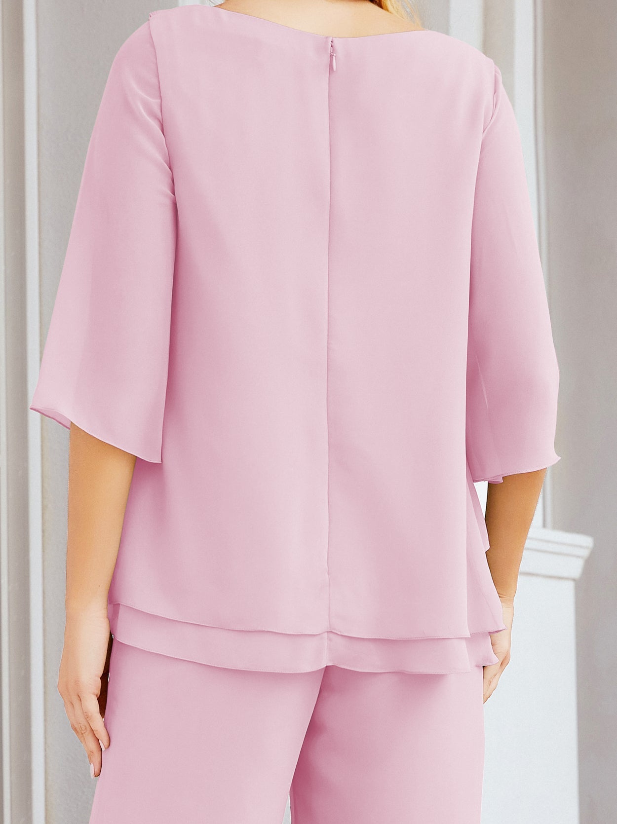 Elegante vestido de dos piezas para madre de la novia, talla grande, pantalón, capas con volantes, bata plateada SY28064 