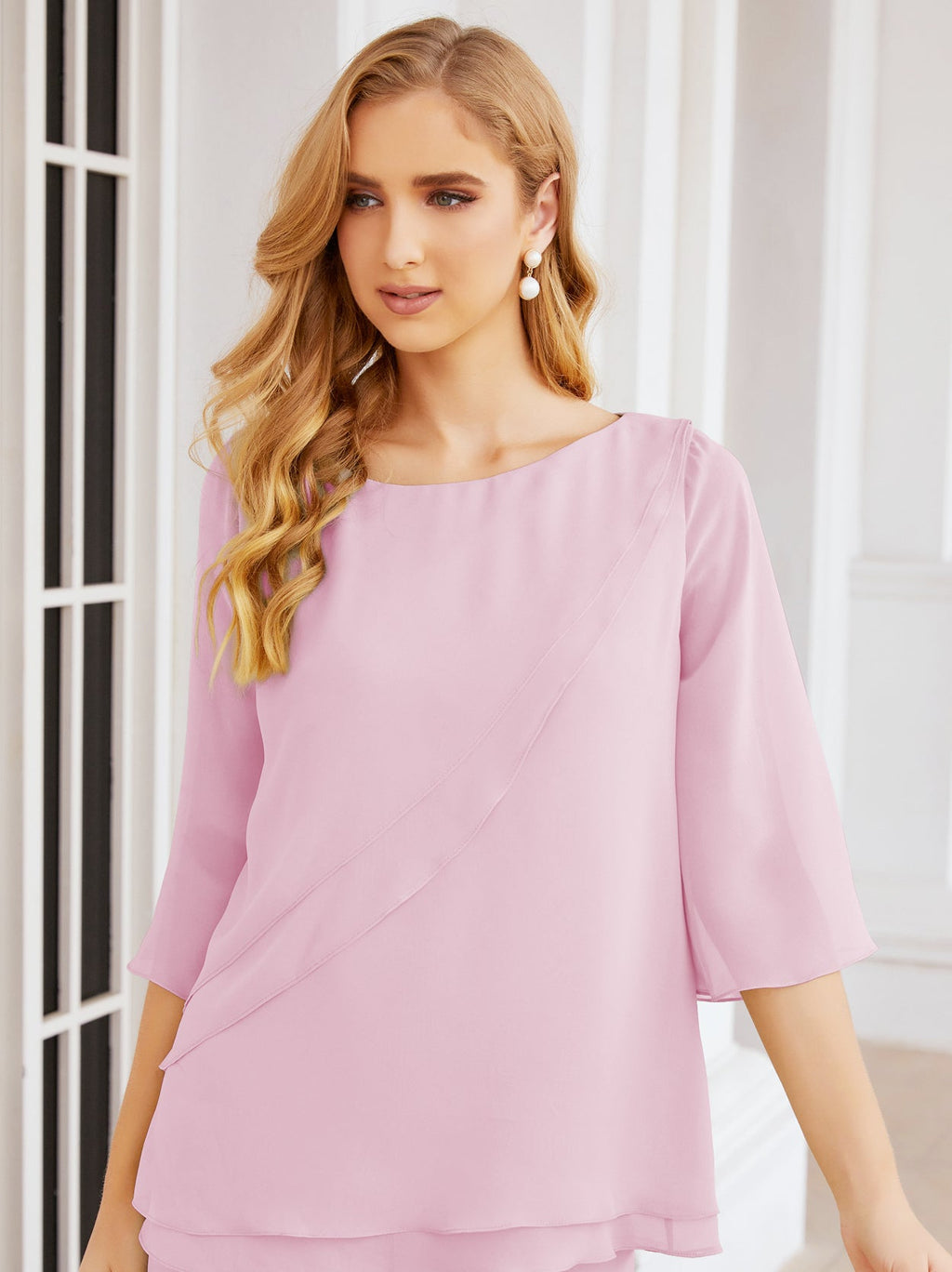 Elegante vestido de dos piezas para madre de la novia, talla grande, pantalón, capas con volantes, bata plateada SY28064 