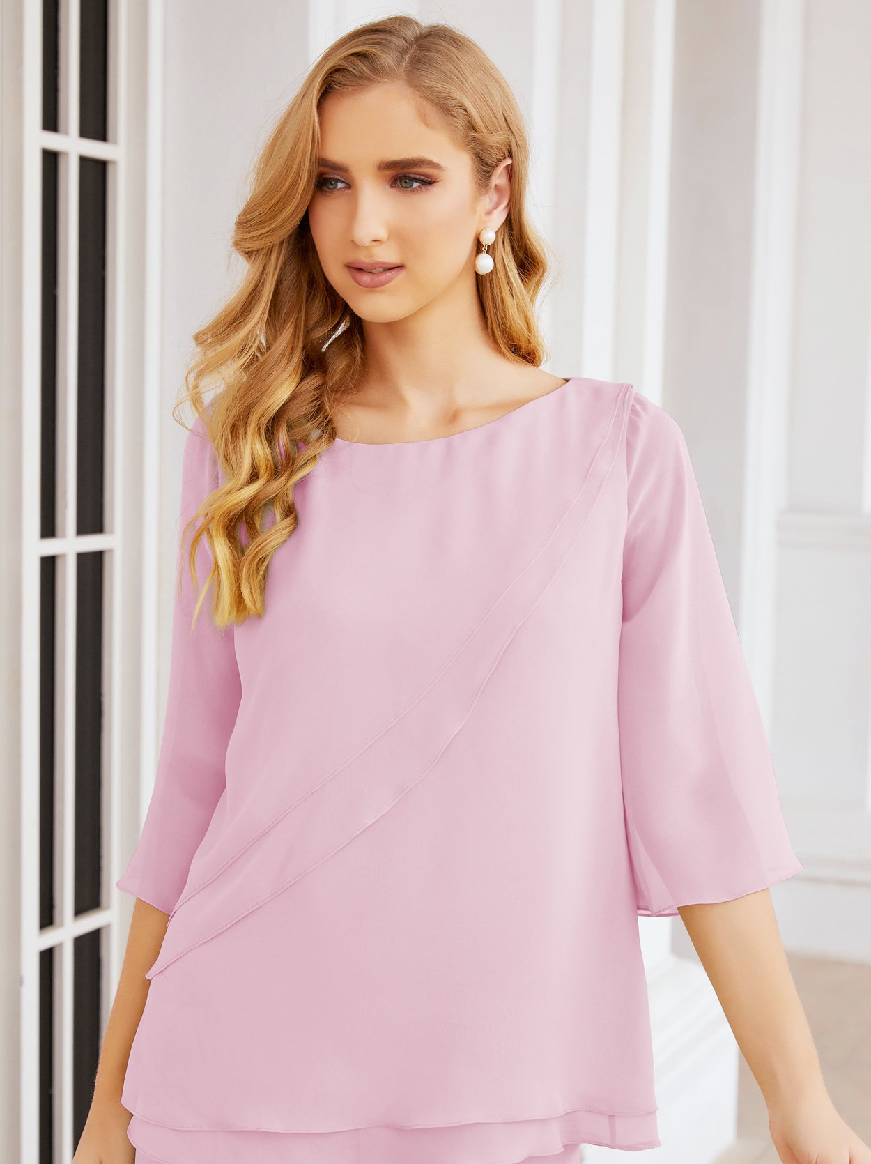 Elegante vestido de dos piezas para madre de la novia, talla grande, pantalón, capas con volantes, bata plateada SY28064 