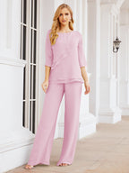 Elegante vestido de dos piezas para madre de la novia, talla grande, pantalón, capas con volantes, bata plateada SY28064 