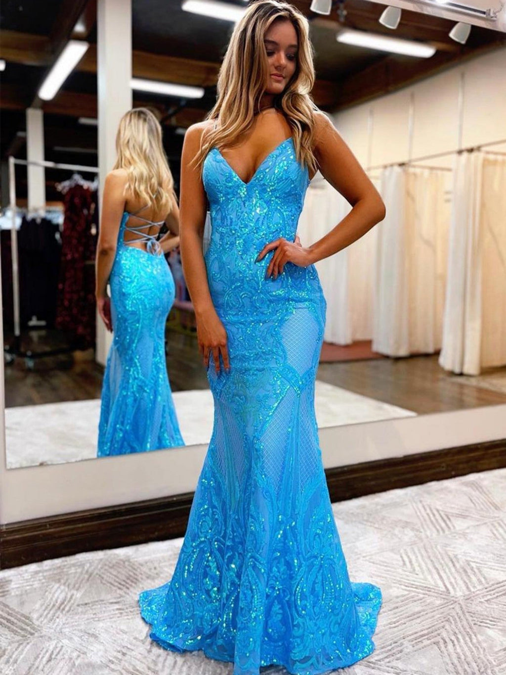 V Neck Pink Glitter Backless Mermaid Bodycon Long Prom Dress