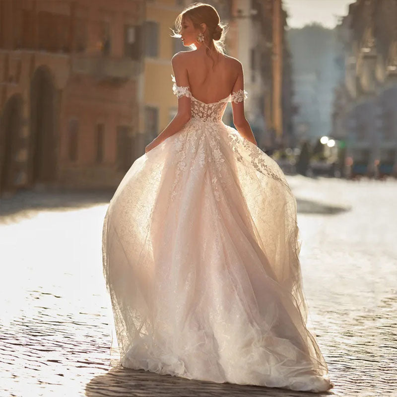 Classical Sweetheart A Line Wedding Dress Backless Lace Appliques Off The Shoulder Bridal Gowns Sweep Train-payinti