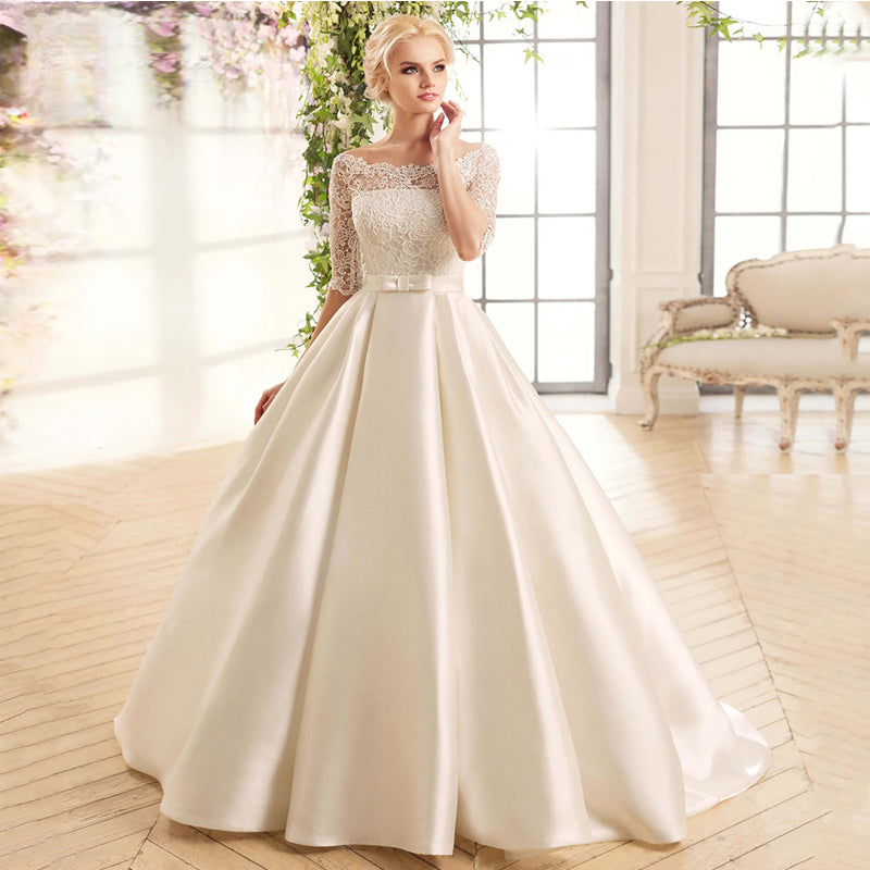 Elegant Lace Wedding Dresses For Women Half Sleevess Bride With Belt Bow Vestidos De Novia Boda Suknia Ślubna Robe Mariée-payinti
