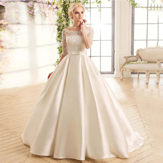 Elegant Lace Wedding Dresses For Women Half Sleevess Bride With Belt Bow Vestidos De Novia Boda Suknia Ślubna Robe Mariée-payinti