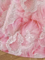 Vestido de fiesta de satén sin tirantes, con lentejuelas y estampado de princesa, color rosa sueño, Y8604