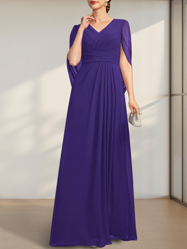 Vestido de gasa para madre de la novia con escote en V, largo hasta el suelo, con pliegues