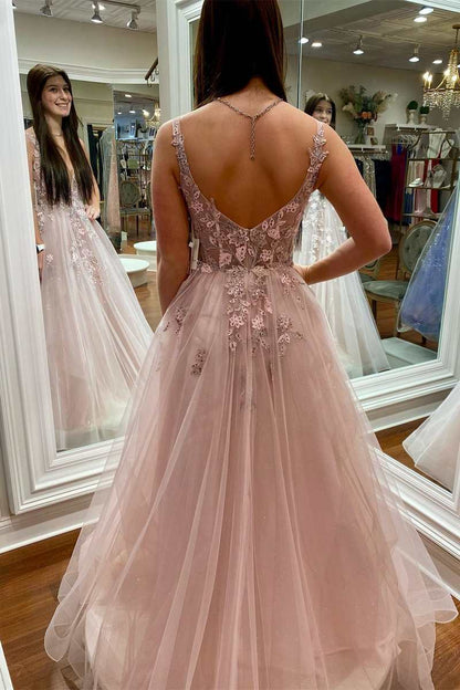 Artemis | Rückenfreies A-Linien-Ballkleid mit Blumenspitze und tiefem Ausschnitt