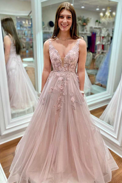 Artemis | Rückenfreies A-Linien-Ballkleid mit Blumenspitze und tiefem Ausschnitt
