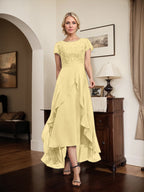 Vestido de madre de la novia de gasa asimétrica con escote en A, ilusión, encaje, lazo, volante y lentejuelas