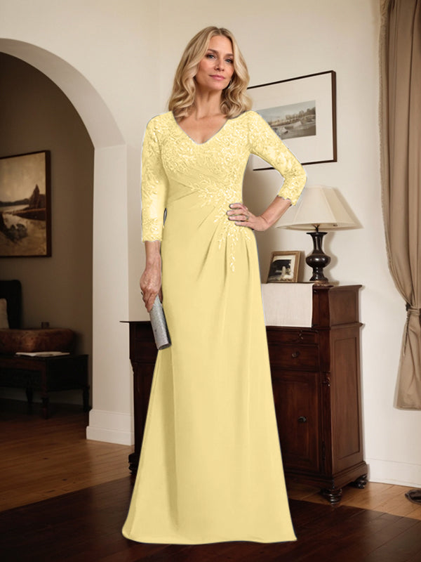 Vestido de madre de la novia de gasa con encaje, escote en V, ilusión, largo hasta el suelo, con lentejuelas plisadas