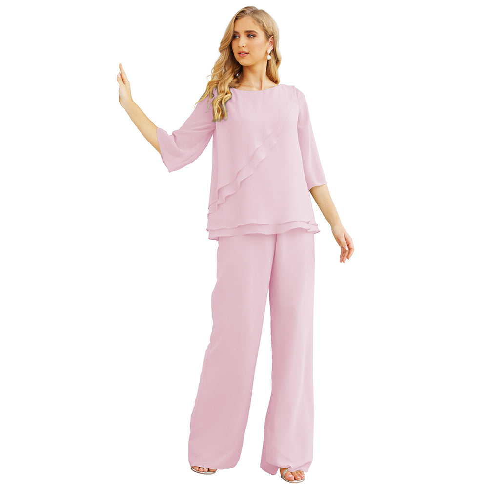 Sunnderly Chiffon Mother of The Bride Dress Plus Size Pant Suits Ruffle Layers