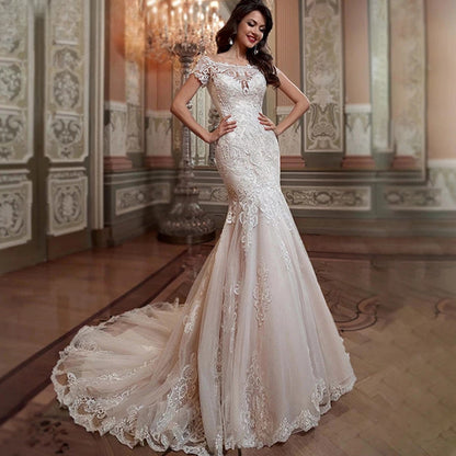 Luxury Mermaid Wedding Dress Short Sleeves Lace Appliques Elegant Boat Neck Bride Gown Illusion Backless Button Train-payinti