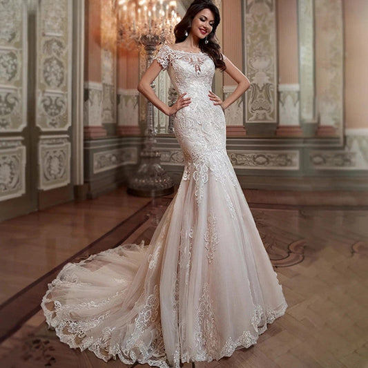 Luxury Mermaid Wedding Dress Short Sleeves Lace Appliques Elegant Boat Neck Bride Gown Illusion Backless Button Train-payinti