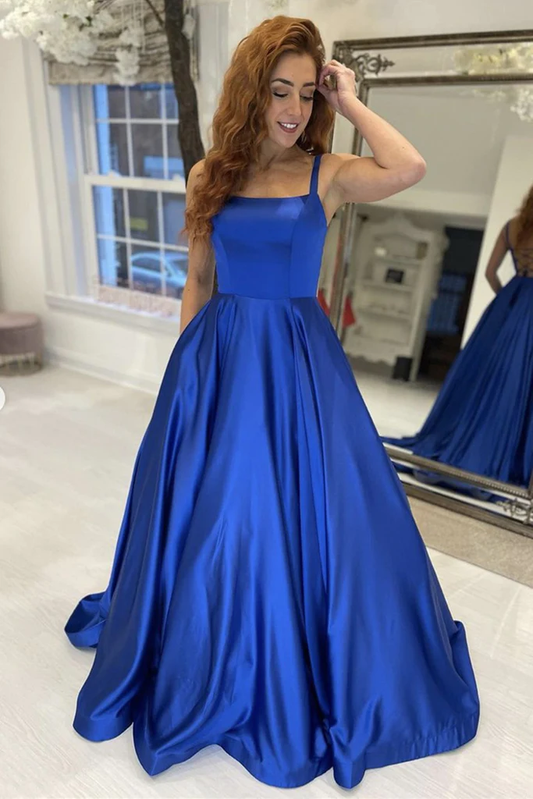 Vestido de fiesta largo de satén azul rey, corte A, sencillo, vestido de noche formal azul Y225