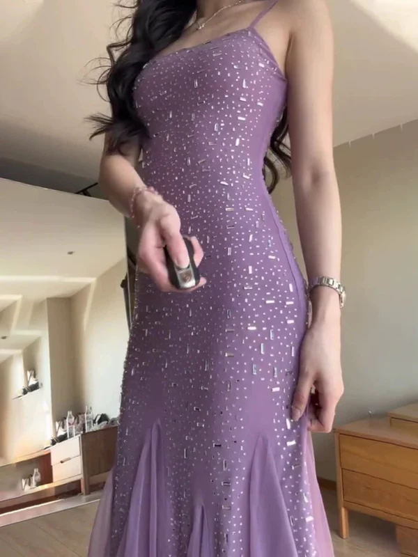 Sexy Meerjungfrau Spaghettiträger Lila Chiffon Perlen Abendkleid Ballkleid Y7812