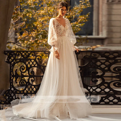3D Flower Wedding Dress Lace Long Sleeve Women's Bridal Gownes Sexy V-neck Tulle Transparent A-line Dress Bohemia Robe Vestido-payinti