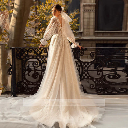 3D Flower Wedding Dress Lace Long Sleeve Women's Bridal Gownes Sexy V-neck Tulle Transparent A-line Dress Bohemia Robe Vestido-payinti