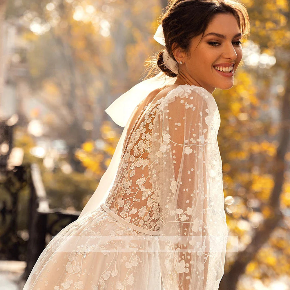 3D Flower Wedding Dress Lace Long Sleeve Women's Bridal Gownes Sexy V-neck Tulle Transparent A-line Dress Bohemia Robe Vestido-payinti