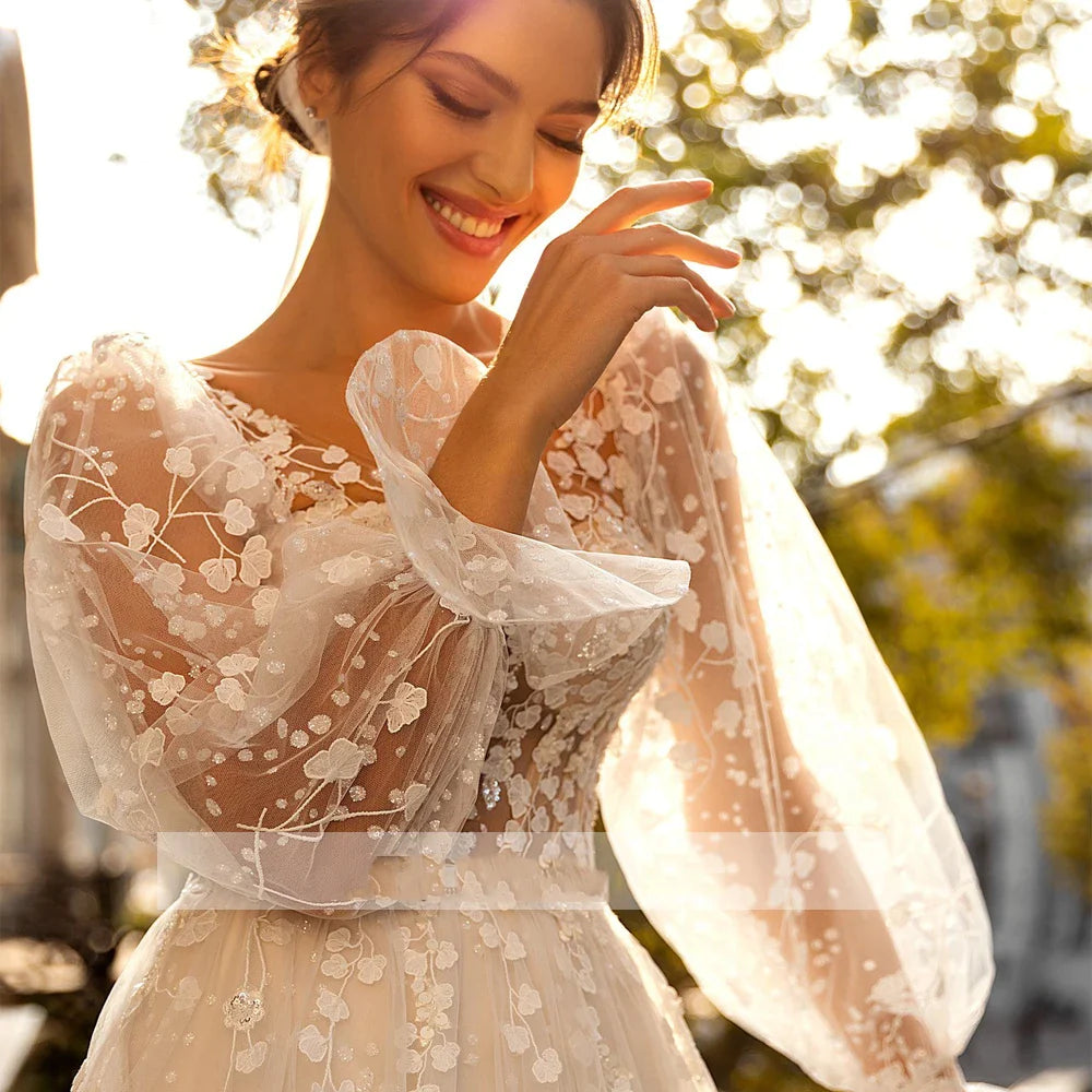 3D Flower Wedding Dress Lace Long Sleeve Women's Bridal Gownes Sexy V-neck Tulle Transparent A-line Dress Bohemia Robe Vestido-payinti