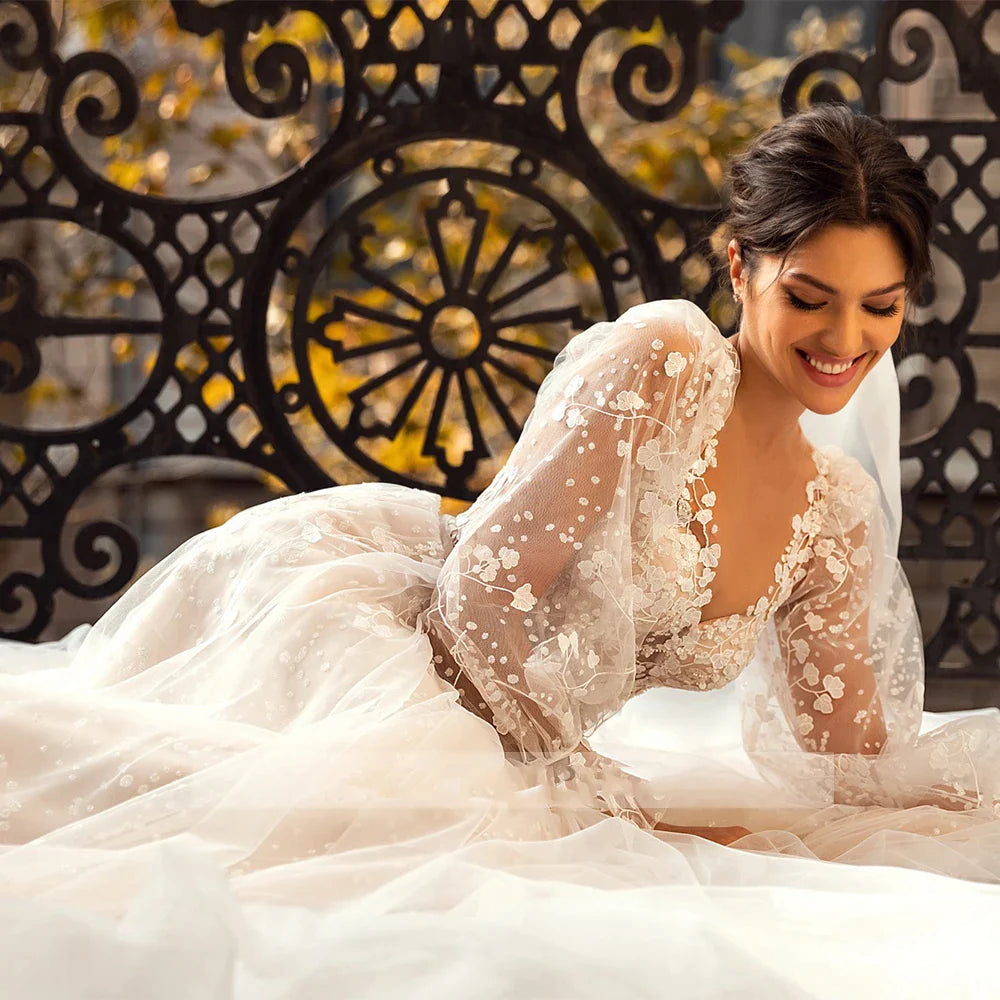 3D Flower Wedding Dress Lace Long Sleeve Women's Bridal Gownes Sexy V-neck Tulle Transparent A-line Dress Bohemia Robe Vestido-payinti