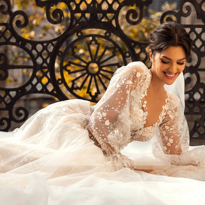 3D Flower Wedding Dress Lace Long Sleeve Women's Bridal Gownes Sexy V-neck Tulle Transparent A-line Dress Bohemia Robe Vestido-payinti