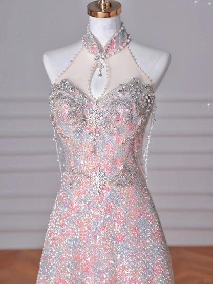 Hermoso vestido de fiesta de noche con lentejuelas rosas y cuentas, corte en A, Y8637