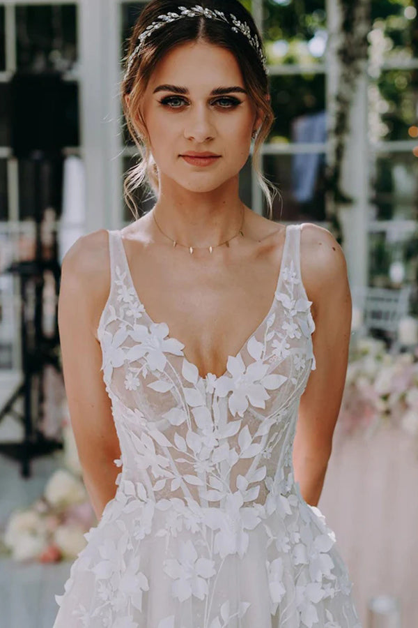 3D Floral Lace V Neck Floor Length Bohemian Wedding Dress WD662