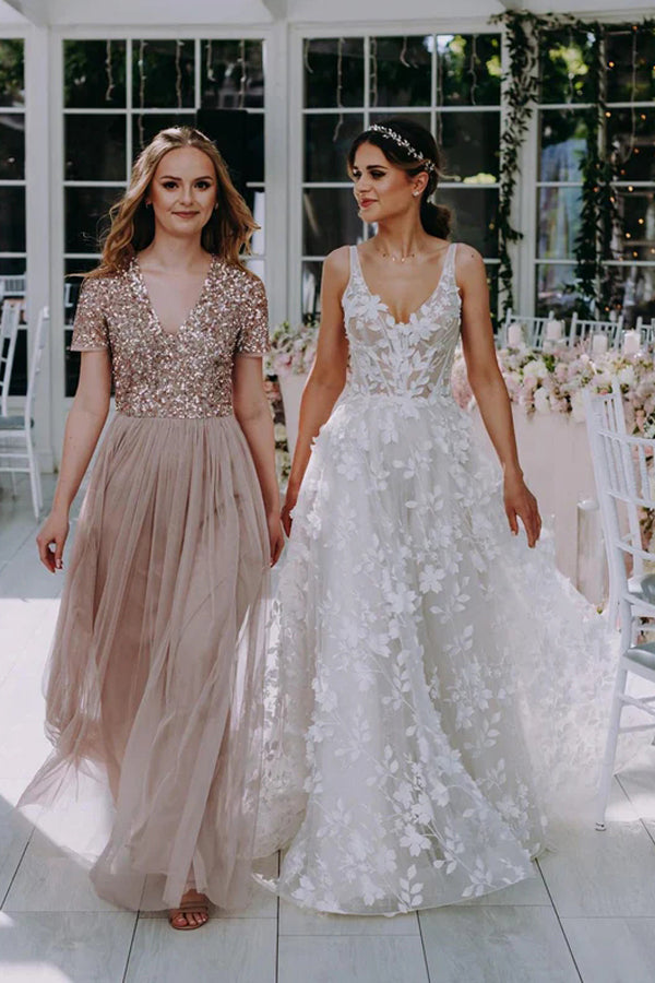3D Floral Lace V Neck Floor Length Bohemian Wedding Dress WD662