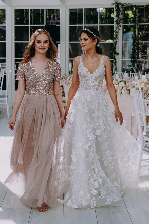 3D Floral Lace V Neck Floor Length Bohemian Wedding Dress WD662