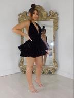 Sexy schwarze funkelnde kurze Homecoming-Kleider mit offenem Rücken und gestuften Pailletten, Abschlusskleid für Partys und Abende Y4111