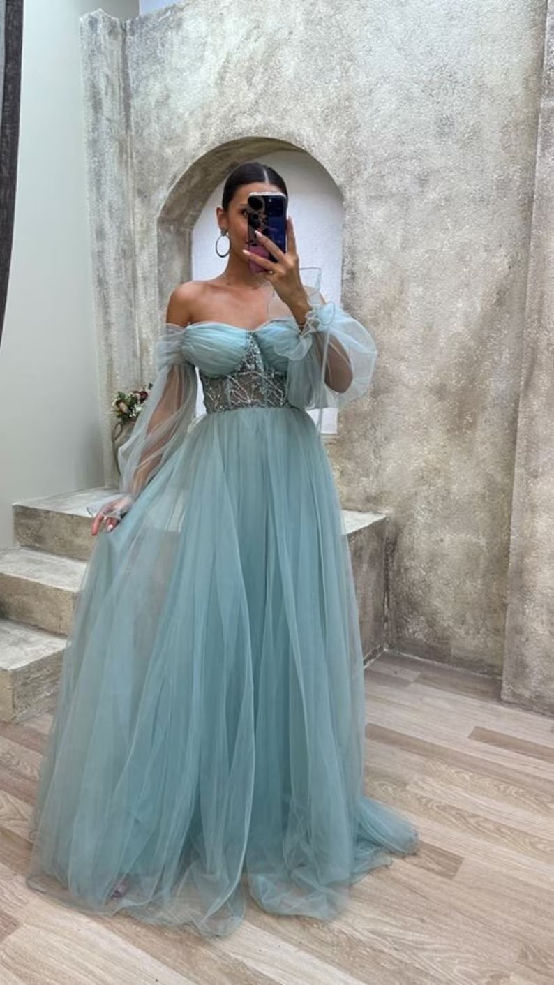 Trägerloses mintgrünes Korsett-Tüllkleid Ballkleid Abendkleid Y4912