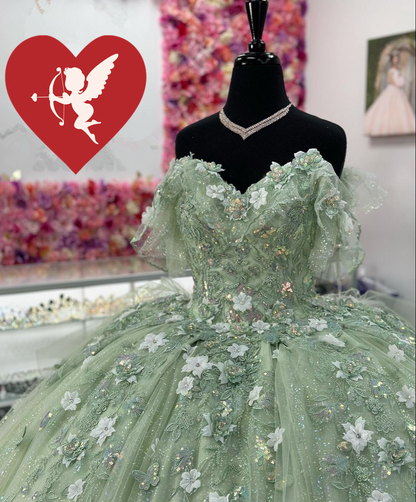 Sage Green Quinceanera Dresses With 3D Flowers Sweet 15 Birthday Ball Gown Y2614