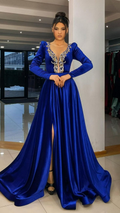 Königsblaue Abendkleider mit langen Ärmeln, A-Linie, Kaftan, Saudi-Arabien, Ballkleider, seitlicher Schlitz, Anlasskleider Y4938