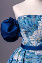 Blaues bedrucktes langes A-Linien-Ballkleid Blaues schulterfreies formelles Abendkleid Y4605