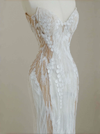Vestido de novia de sirena con encaje de tul blanco sin tirantes, encantador, vestido largo de noche para graduación Y8678