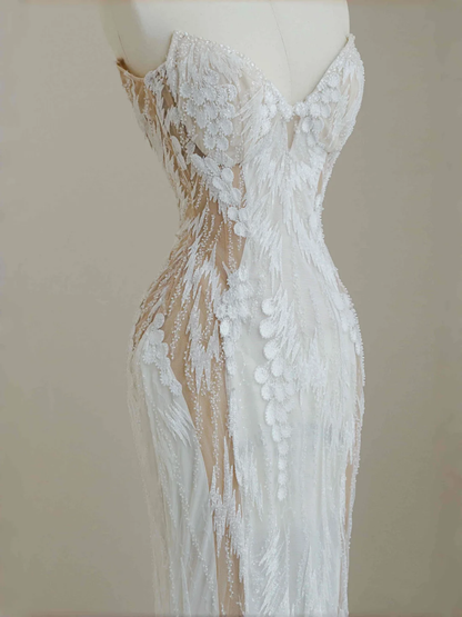 Vestido de novia de sirena con encaje de tul blanco sin tirantes, encantador, vestido largo de noche para graduación Y8678